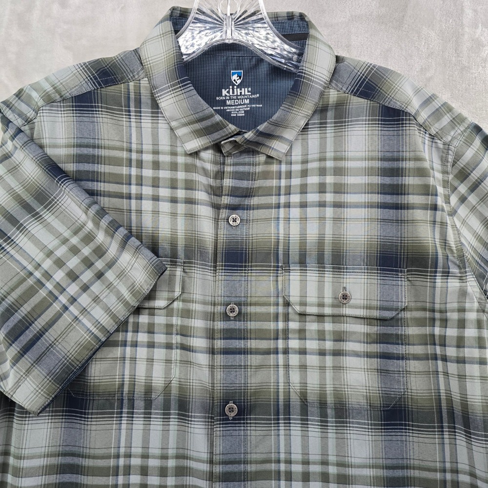 Kuhl Button Down Shirt Mens Medium Green Gray‎ Plaid Short Sleeve Technical hike